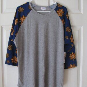 LuLaRoe Randy Top 2XL 2X Plus NWT $36 Gray with Blue Raglan Sleeve